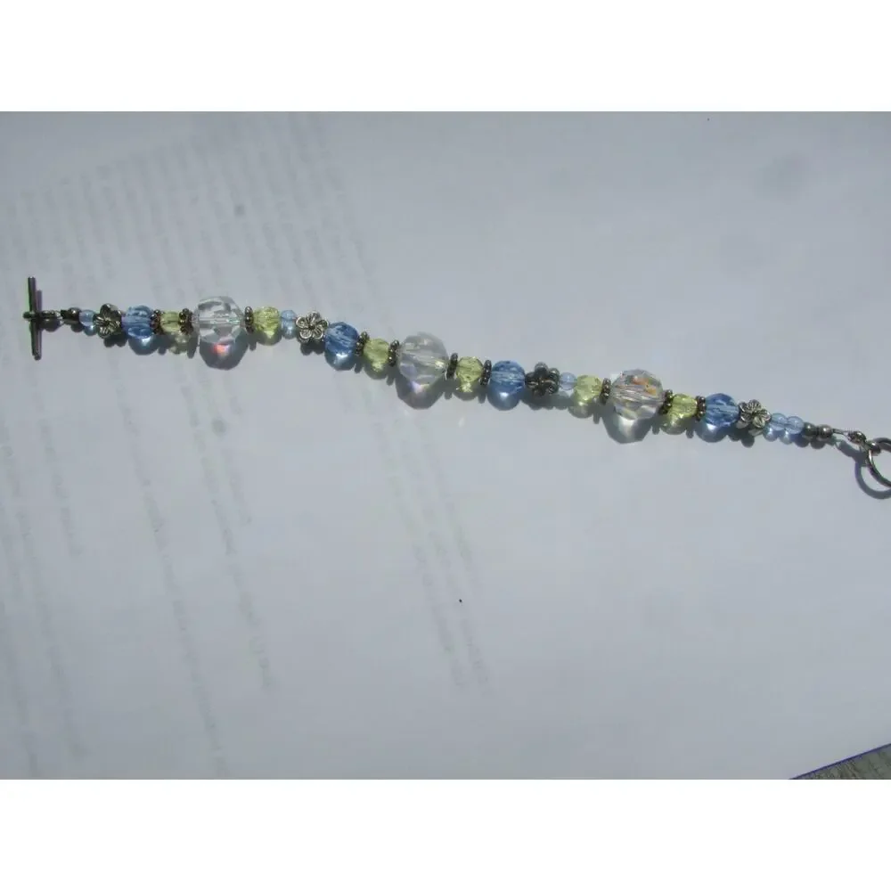 Handmade Irisdescent Blue Yellow Crystal Beaded Silver Tone Toggle Bracelet